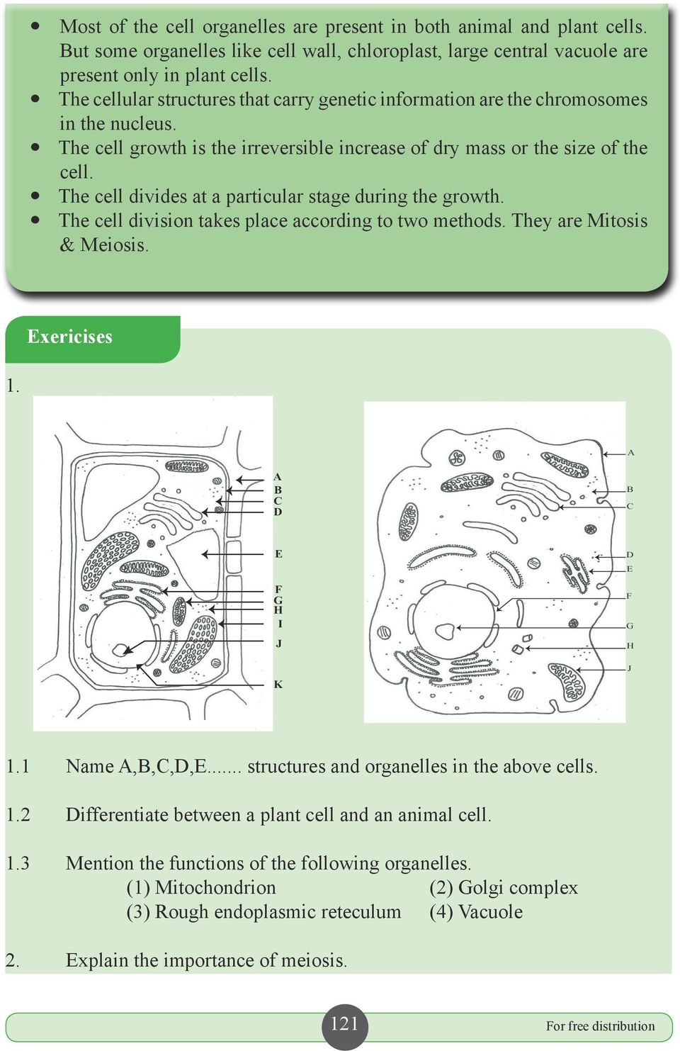 y The cell divides at a particular stage during the growth. y The cell division takes place according to two methods. They are Mitosis & Meiosis. Exericises 1.