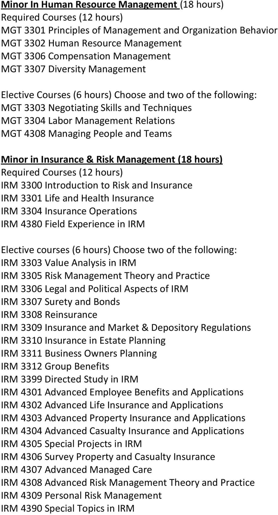 Introduction to Risk and Insurance IRM 3301 Life and Health Insurance IRM 3304 Insurance Operations IRM 4380 Field Experience in IRM Elective courses (6 hours) Choose two of the following: IRM 3303