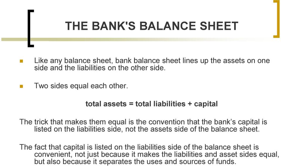 total assets = total liabilities + capital The trick that makes them equal is the convention that the bank s capital is listed on the