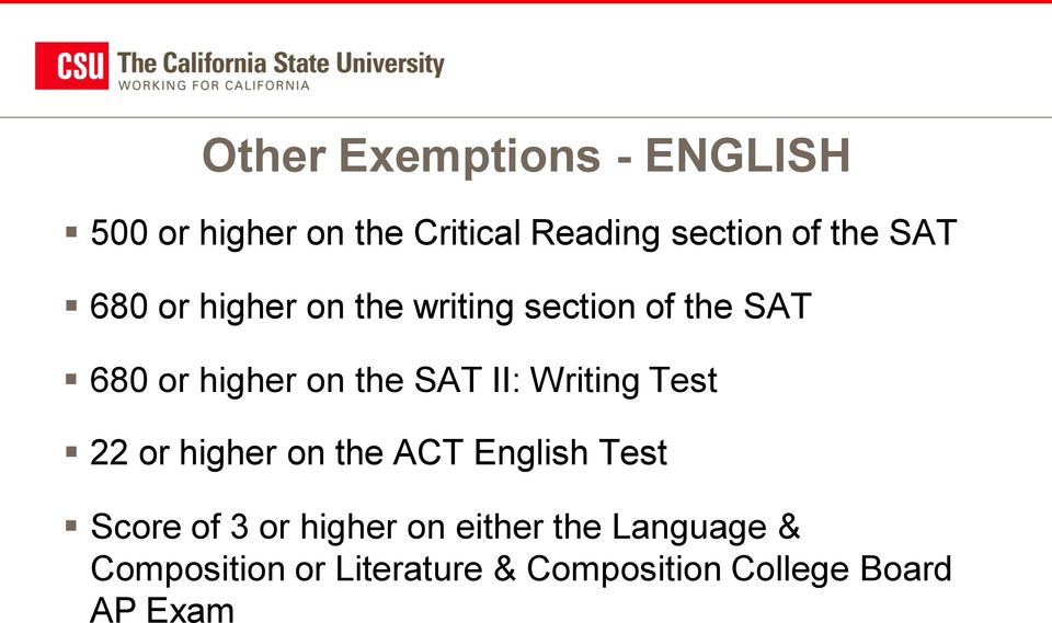 II: Writing Test 22 or higher on the ACT English Test Score of 3 or higher on