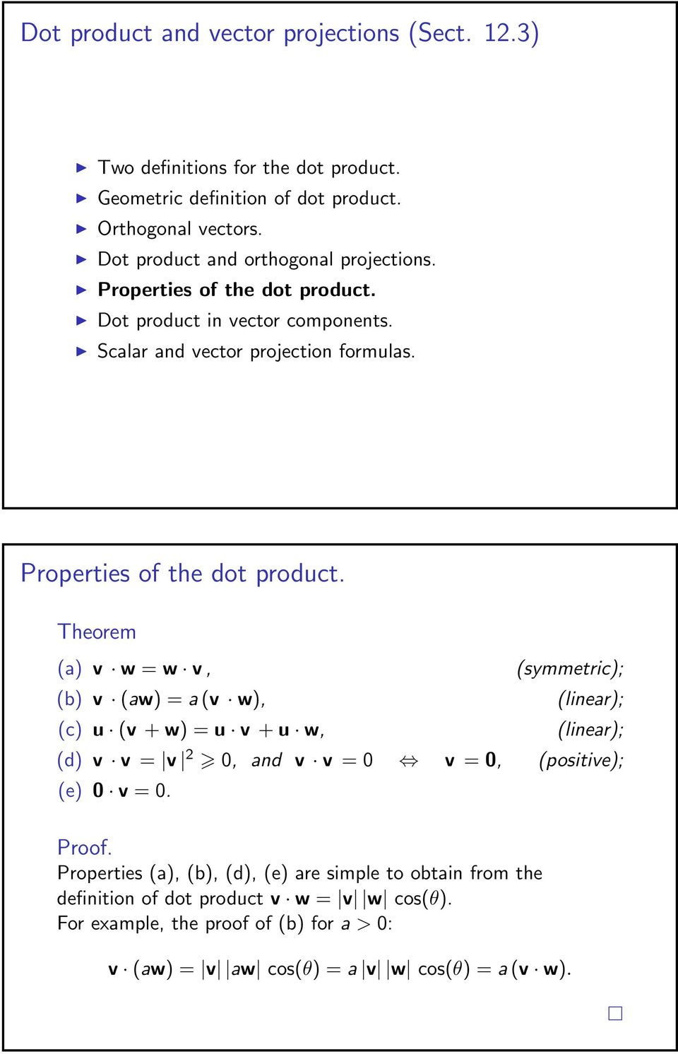 Properties of the dot product.