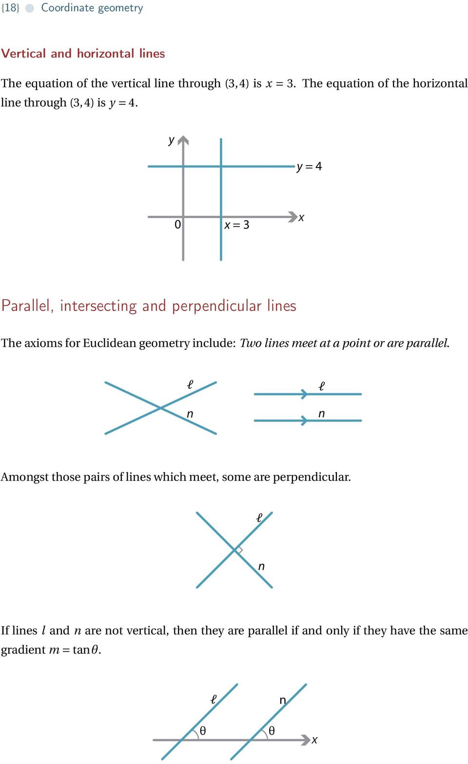 = 4 = 3 Parallel, intersecting and perpendicular lines The aioms for Euclidean geometr include: Two lines meet at a point or