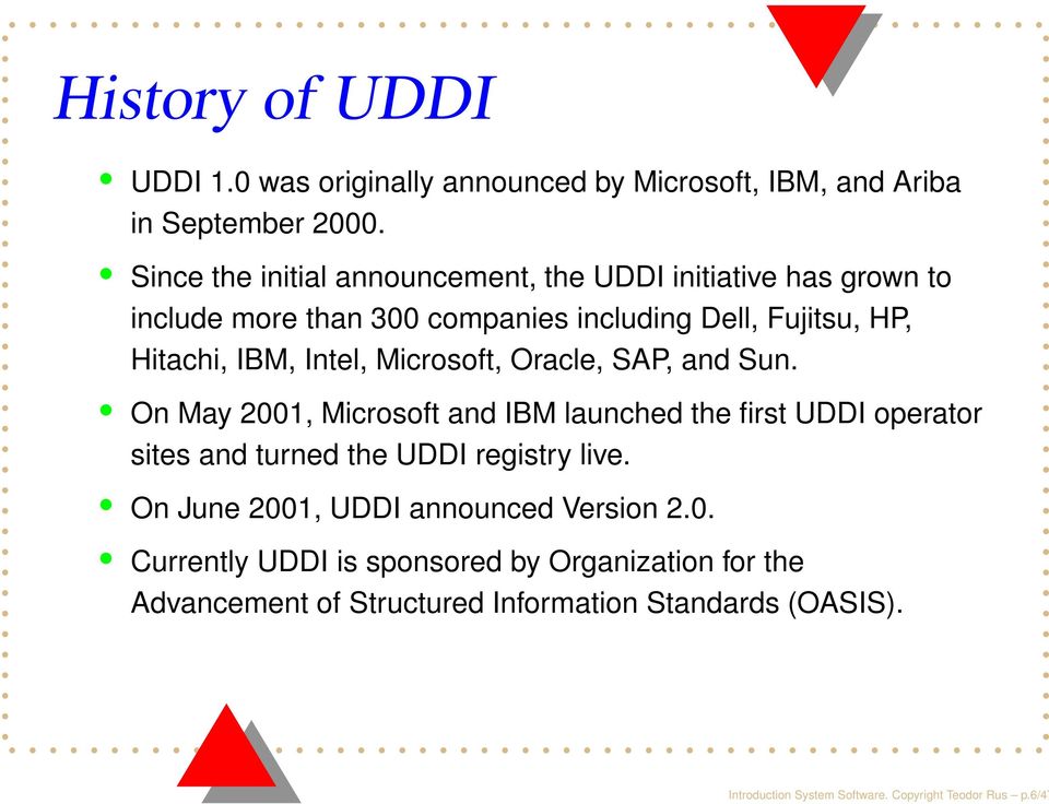 Microsoft, Oracle, SAP, and Sun. On May 2001, Microsoft and IBM launched the first UDDI operator sites and turned the UDDI registry live.
