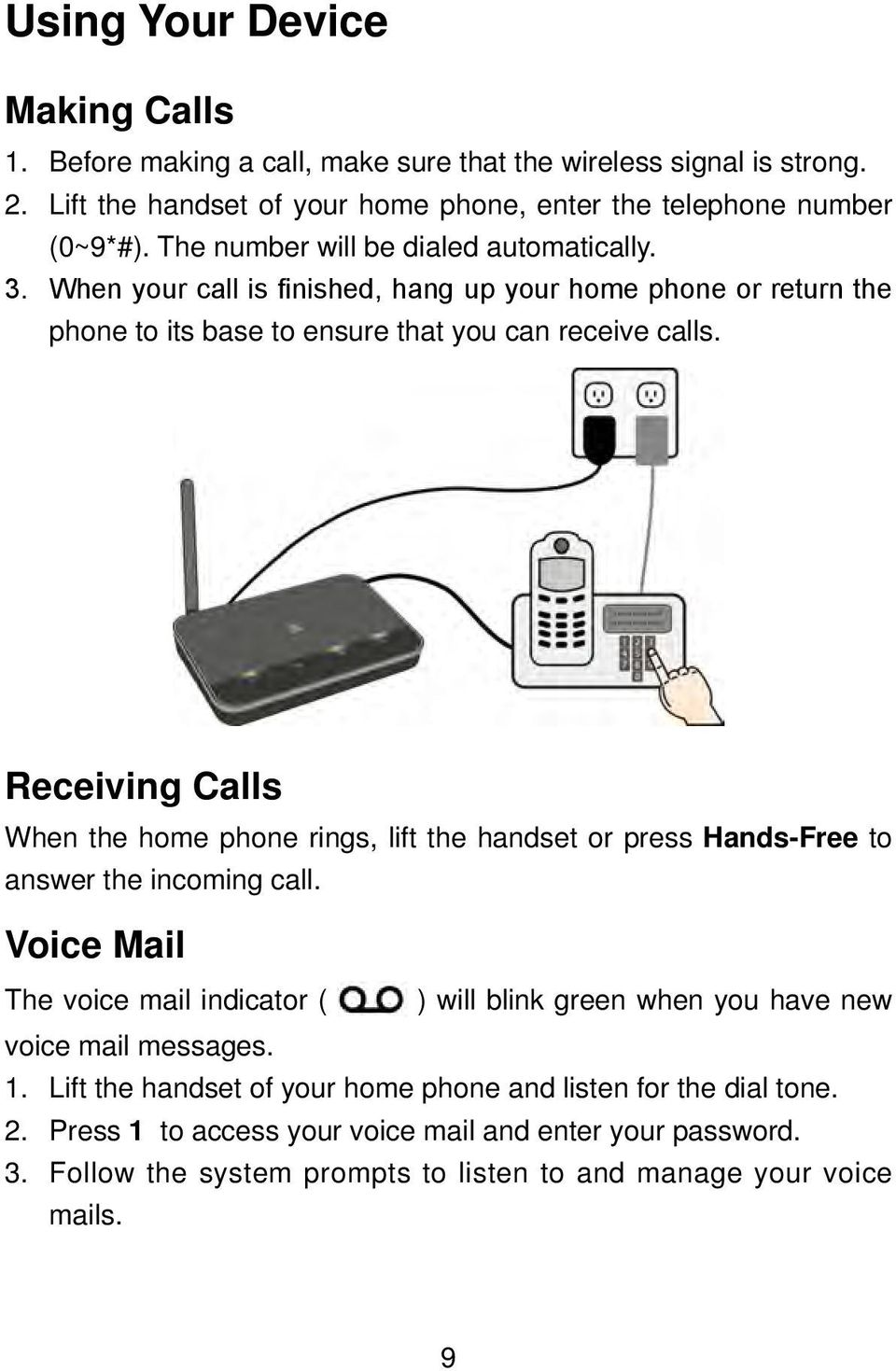 Receiving Calls When the home phone rings, lift the handset or press Hands-Free to answer the incoming call.