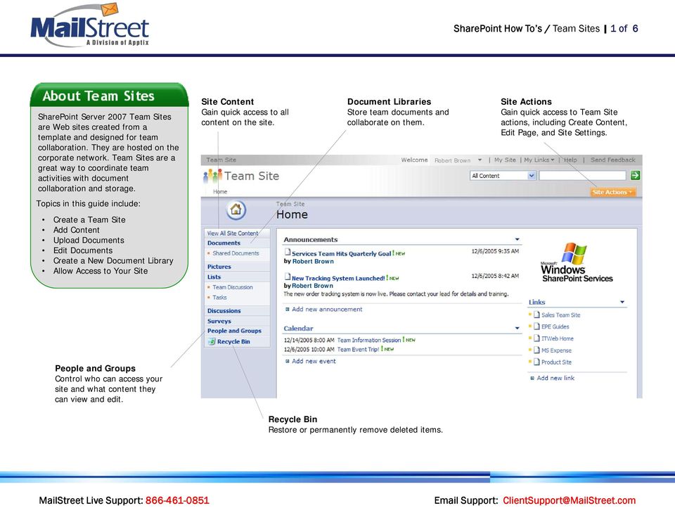 Document Libraries Store team documents and collaborate on them. Robert Brown Site Actions Gain quick access to Team Site actions, including Create Content, Edit Page, and Site Settings.