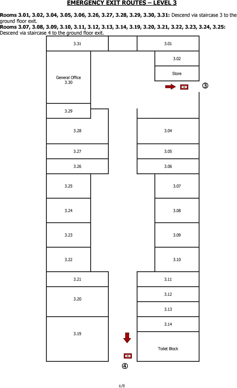 20, 3.21, 3.22, 3.23, 3.24, 3.25: Descend via staircase 4 to the ground floor exit. 3.31 3.01 3.02 General Office 3.