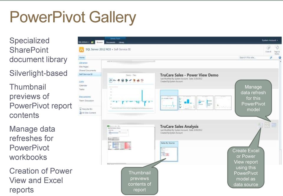 View and Excel reports Thumbnail previews contents of report Manage data refresh for this