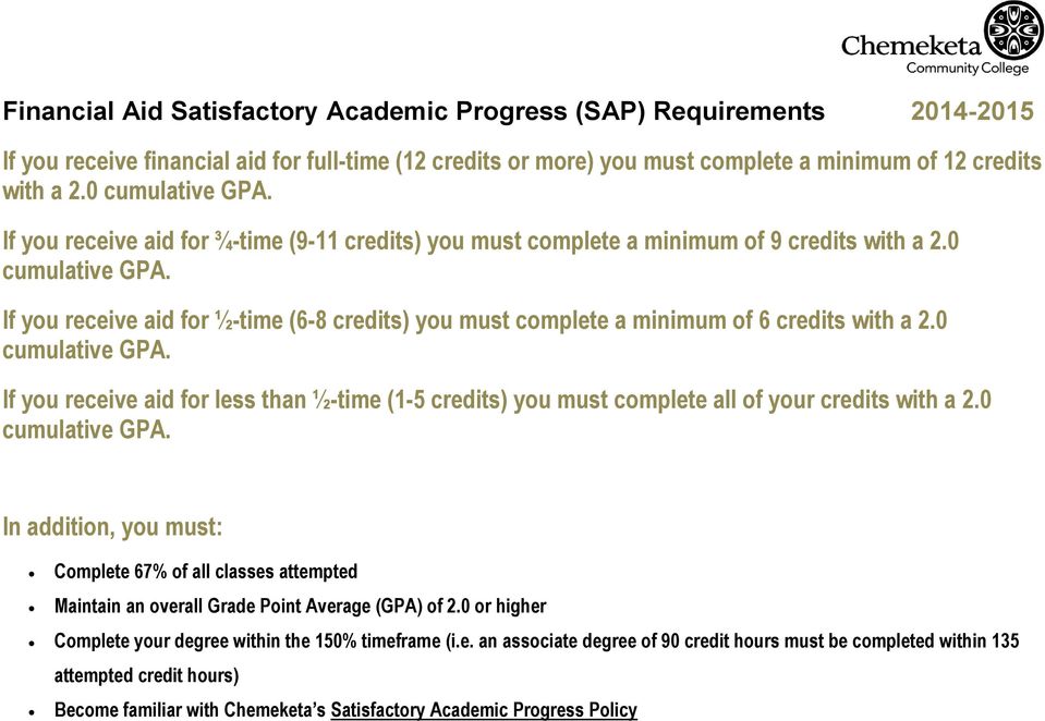 0 If you receive aid for less than ½-time (1-5 credits) you must complete all of your credits with a 2.