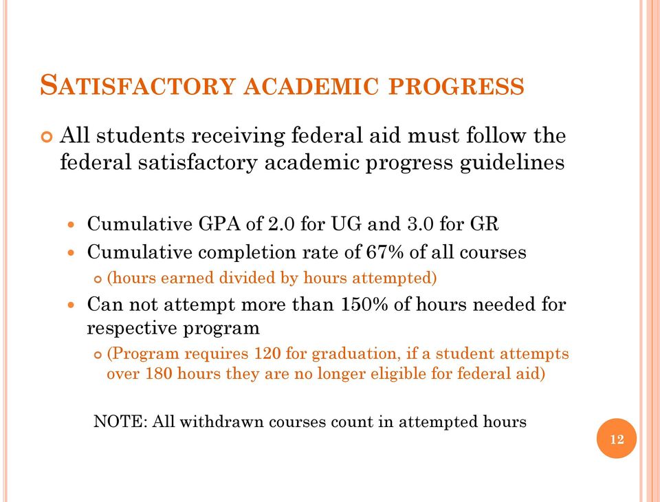 0 for GR Cumulative completion rate of 67% of all courses (hours earned divided by hours attempted) Can not attempt more than