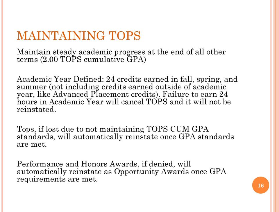 like Advanced Placement credits). Failure to earn 24 hours in Academic Year will cancel TOPS and it will not be reinstated.