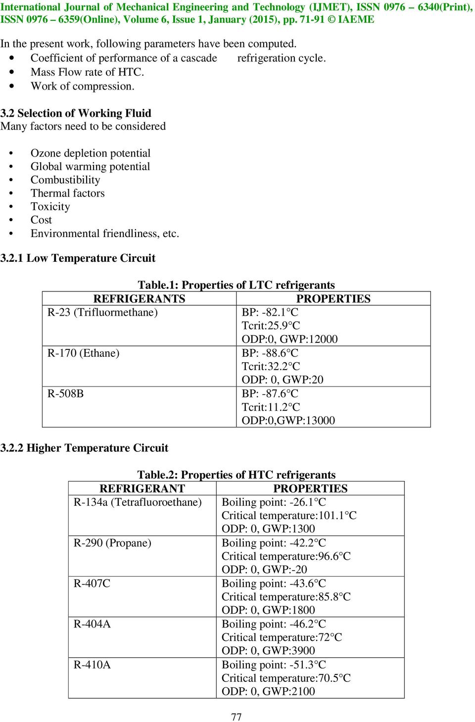 1: Properties of LTC refrigerants REFRIGERANTS PROPERTIES R-23 (Trifluormethane) BP: -82.1 C Tcrit:25.9 C ODP:0, GWP:12000 R-170 (Ethane) BP: -88.6 C Tcrit:32.2 C ODP: 0, GWP:20 R-508B BP: -87.