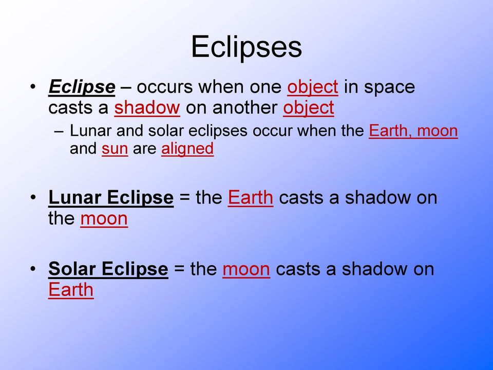 Earth, moon and sun are aligned Lunar Eclipse = the Earth casts