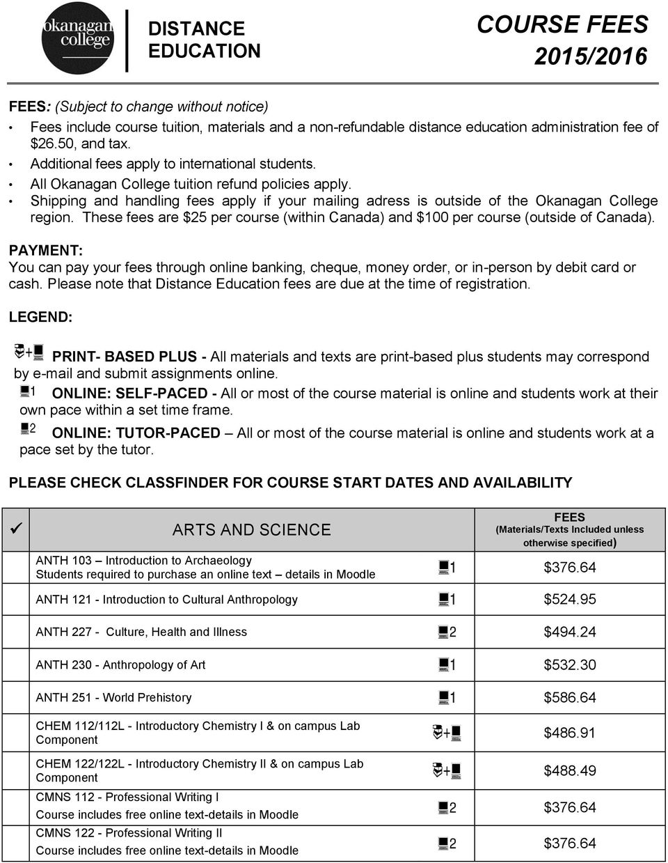 These fees are $25 per course (within Canada) and $100 per course (outside of Canada). PAYMENT: You can pay your fees through online banking, cheque, money order, or in-person by debit card or cash.
