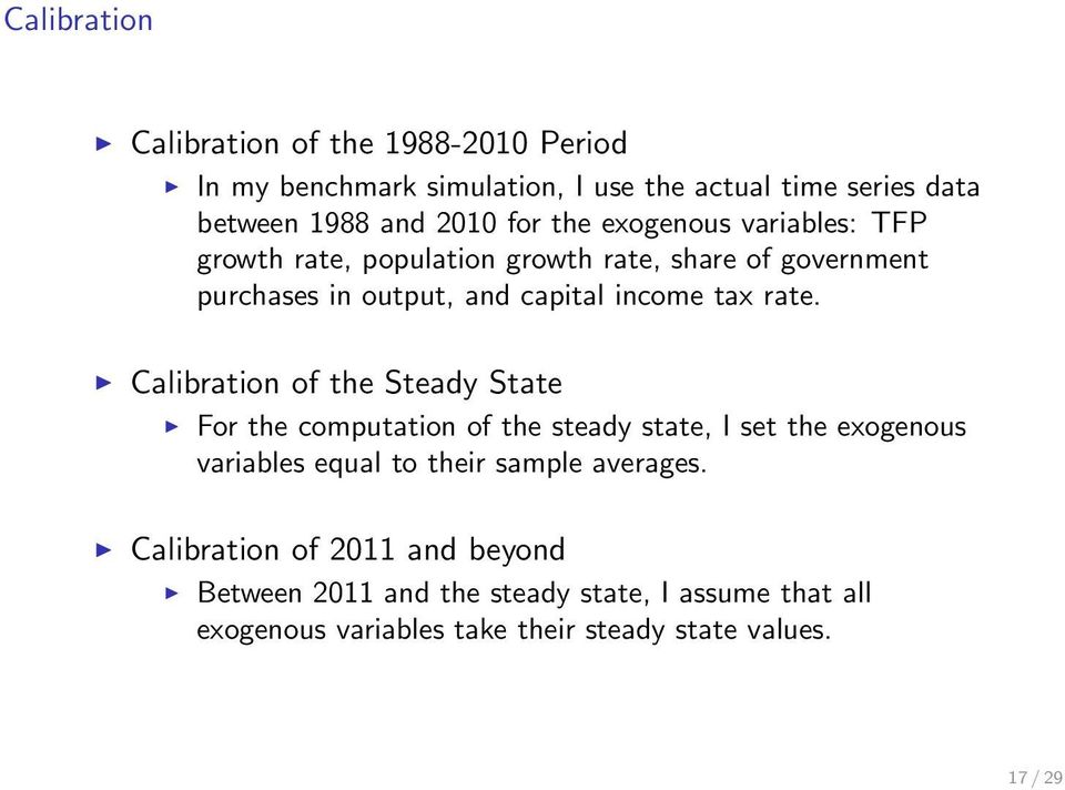 Calibration of the Steady State For the computation of the steady state, I set the exogenous variables equal to their sample averages.