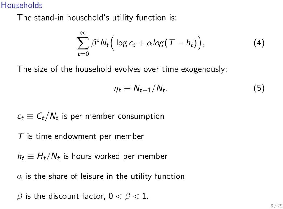 (5) c t C t /N t is per member consumption T is time endowment per member h t H t /N t is hours