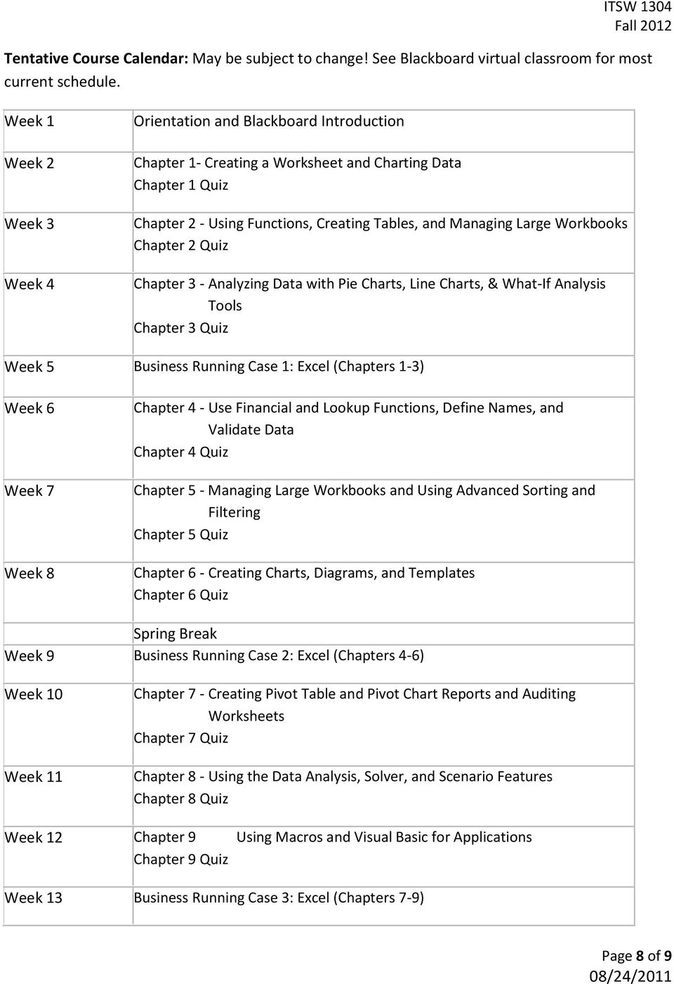 Workbooks Chapter 2 Quiz Chapter 3 - Analyzing Data with Pie Charts, Line Charts, & What-If Analysis Tools Chapter 3 Quiz Week 5 Business Running Case 1: Excel (Chapters 1-3) Week 6 Week 7 Week 8