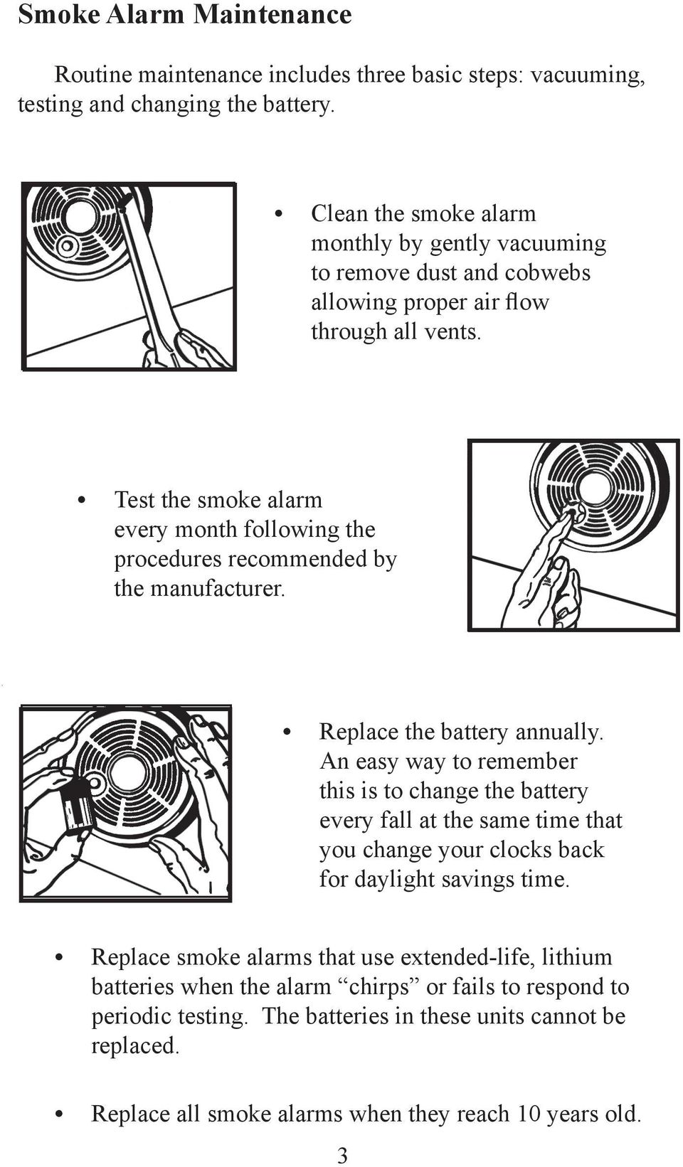 Test the smoke alarm every month following the procedures recommended by the manufacturer. Replace the battery annually.