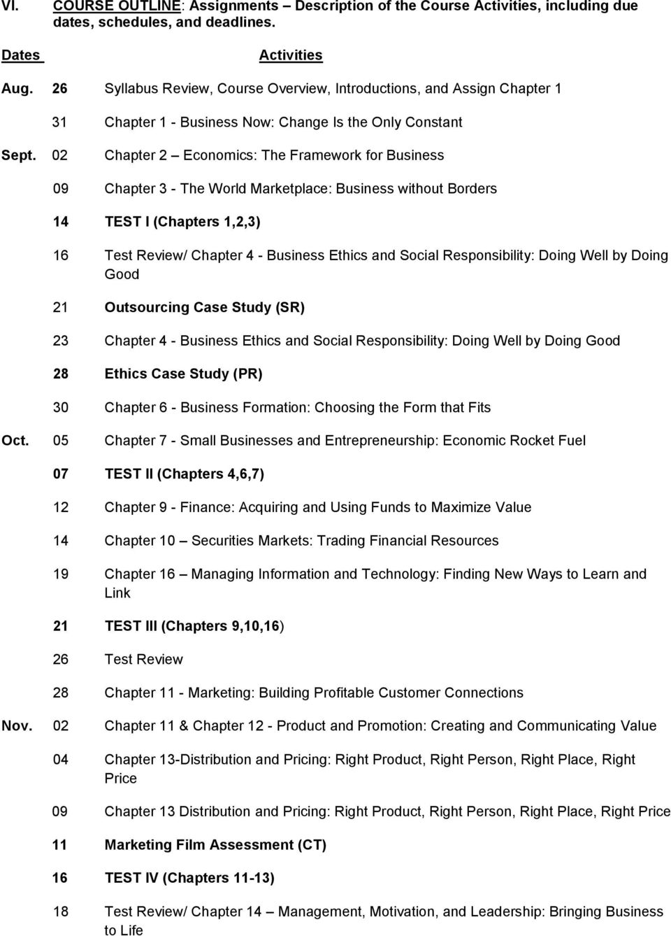 02 Chapter 2 Economics: The Framework for Business 09 Chapter 3 - The World Marketplace: Business without Borders 14 TEST I (Chapters 1,2,3) 16 Test Review/ Chapter 4 - Business Ethics and Social
