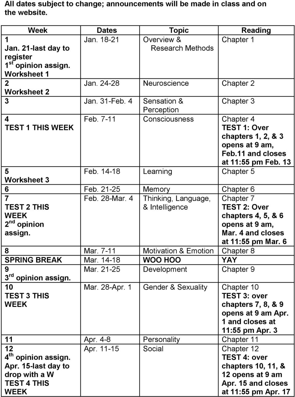 7-11 Consciousness Chapter 4 TEST 1: Over chapters 1, 2, & 3 opens at 9 am, Feb.11 and closes at 11:55 pm Feb. 13 5 Feb. 14-18 Learning Chapter 5 Worksheet 3 6 Feb.