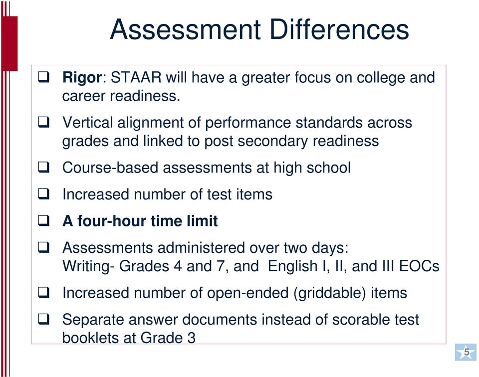 high school Increased number of test items A four-hour time limit Assessments administered over two days: Writing- Grades 4