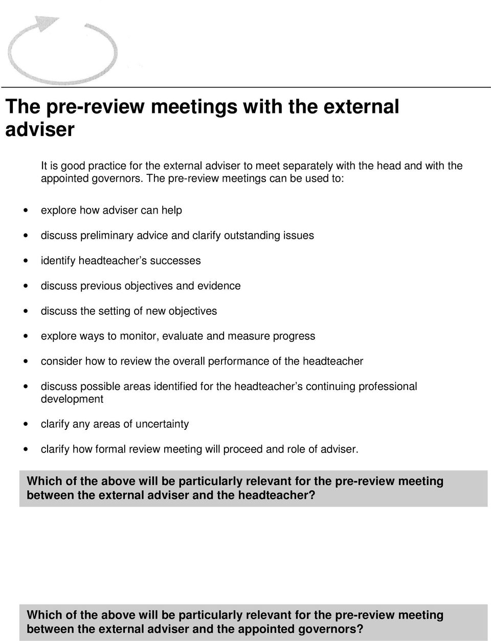 evidence discuss the setting of new objectives explore ways to monitor, evaluate and measure progress consider how to review the overall performance of the headteacher discuss possible areas