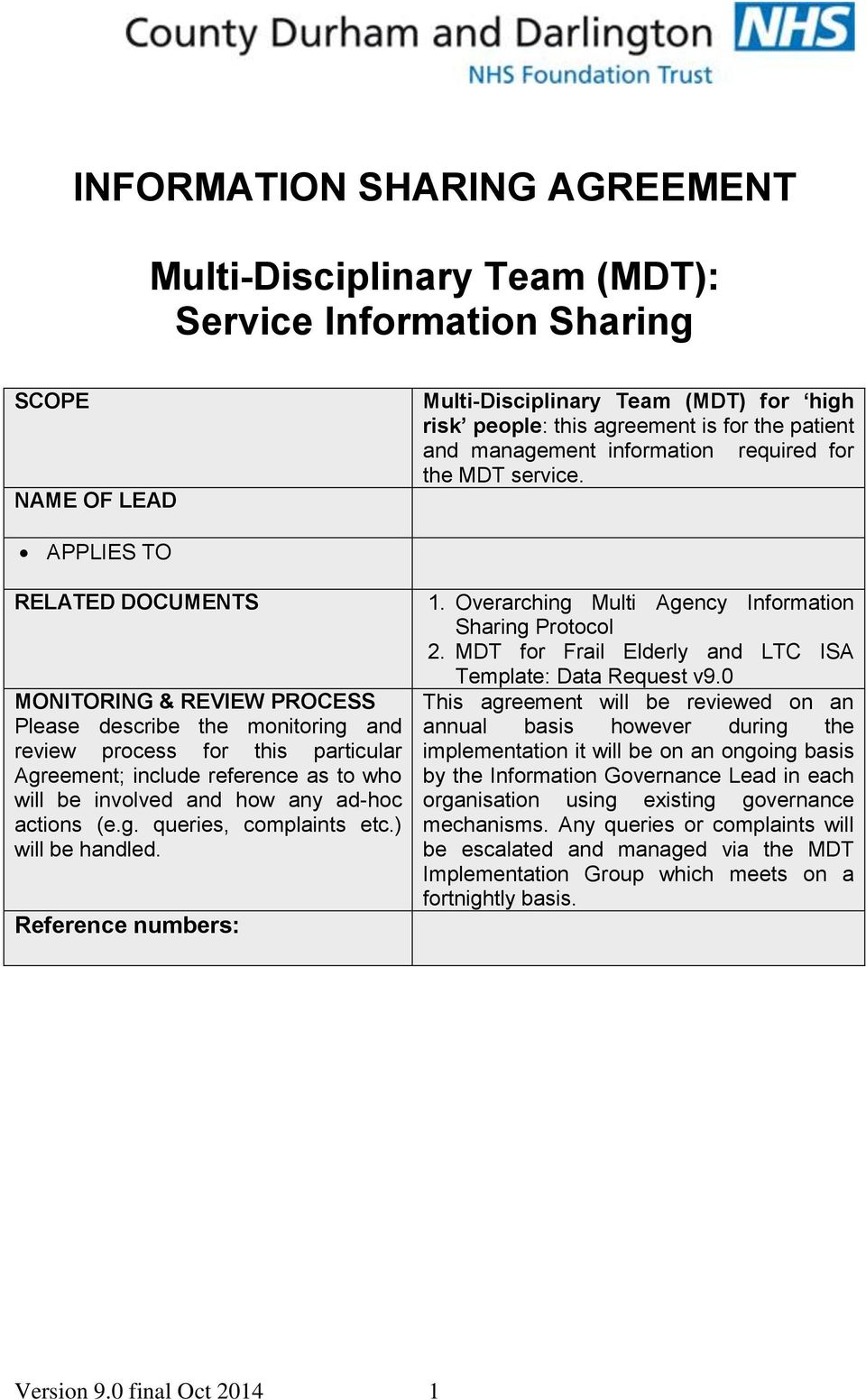 INFORMATION SHARING AGREEMENT. Multi-Disciplinary Team (MDT With Regard To risk sharing agreement template