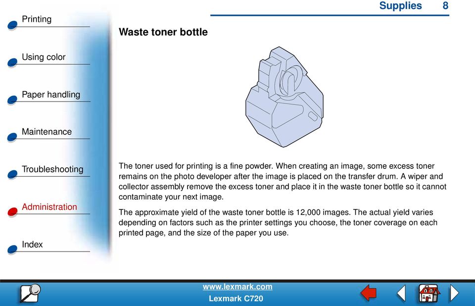 A wiper and collector assembly remove the excess toner and place it in the waste toner bottle so it cannot contaminate your next image.