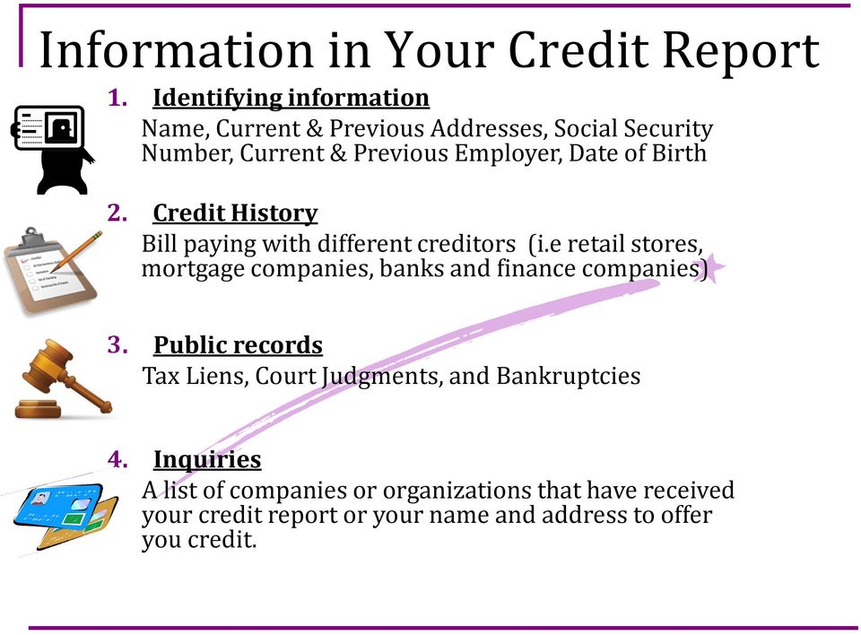 Birth 2. Credit History Bill paying with different creditors (i.