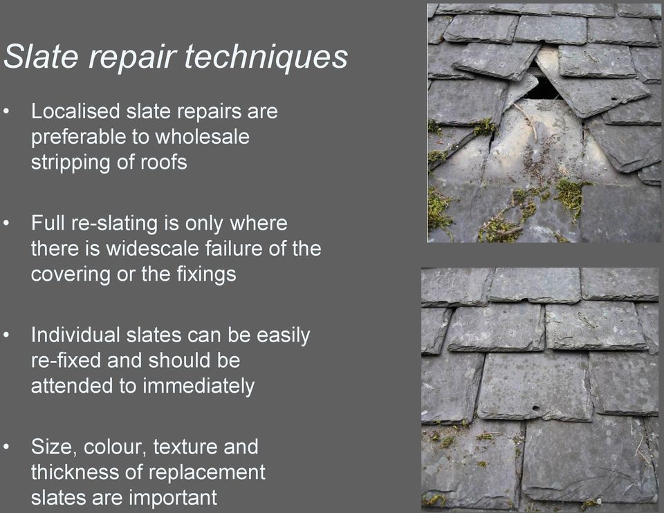 covering or the fixings Individual slates can be easily re-fixed and should be