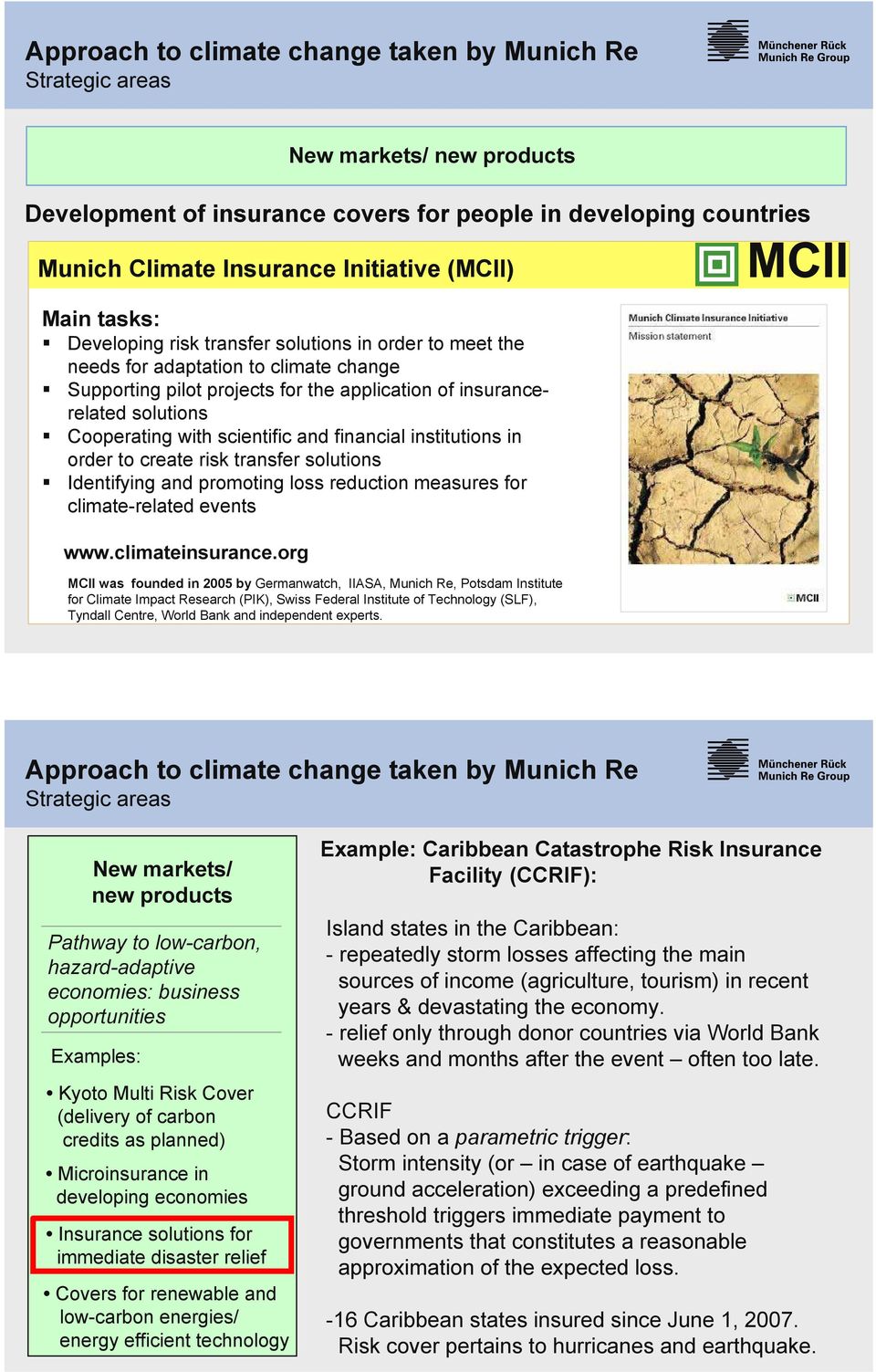 institutions in order to create risk transfer solutions Identifying and promoting loss reduction measures for climate-related events www.climateinsurance.