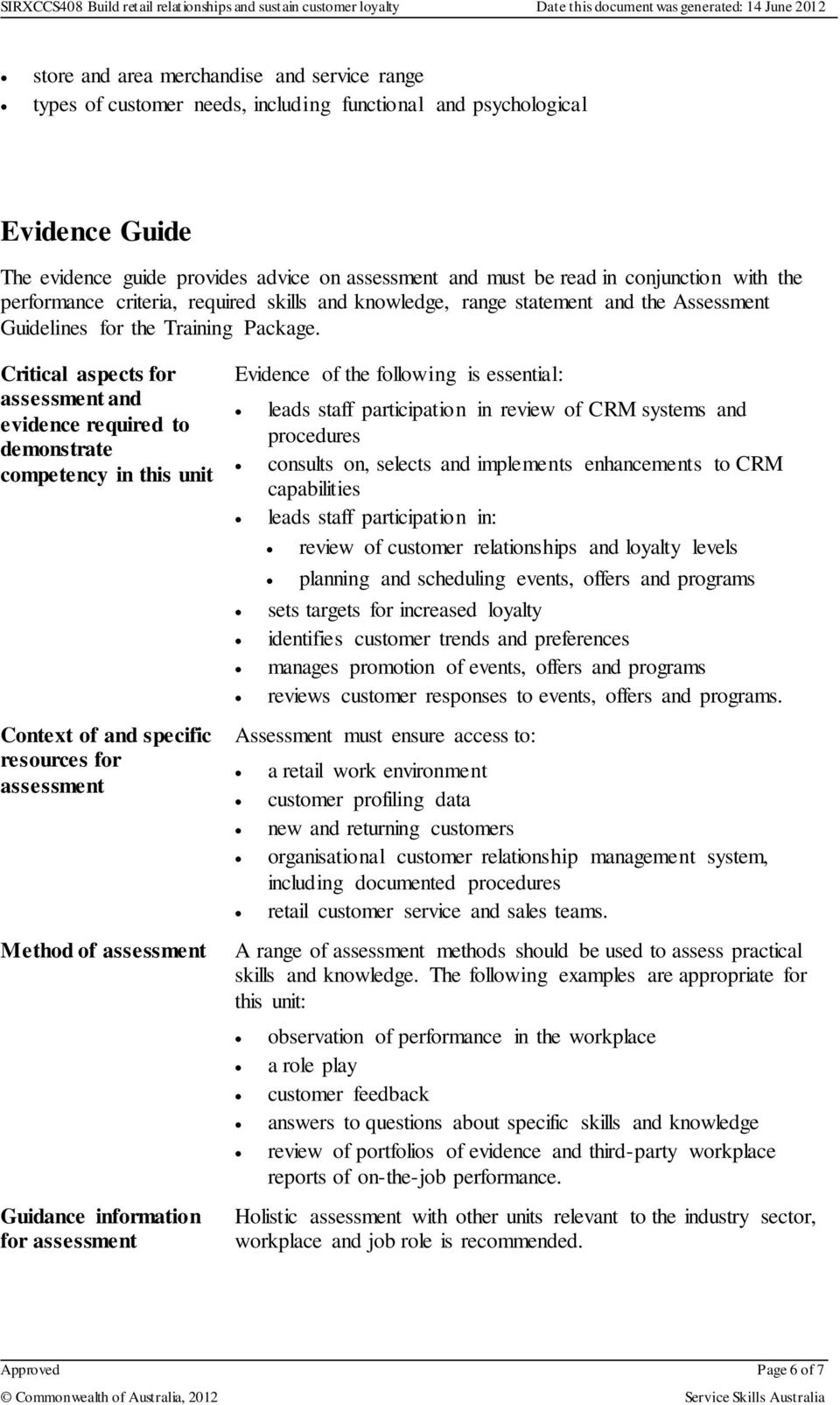 Critical aspects for assessment and evidence required to demonstrate competency in this unit Context of and specific resources for assessment Method of assessment Guidance information for assessment