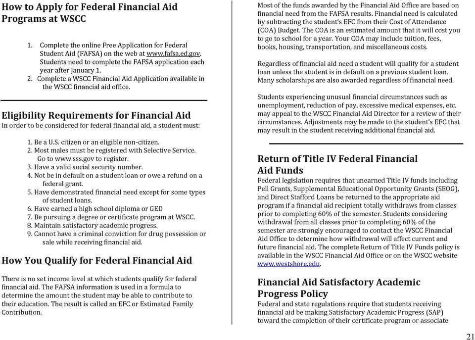 Eligibility Requirements for Financial Aid In order to be considered for federal financial aid, a student must: 1. Be a U.S. citizen or an eligible non-citizen. 2.