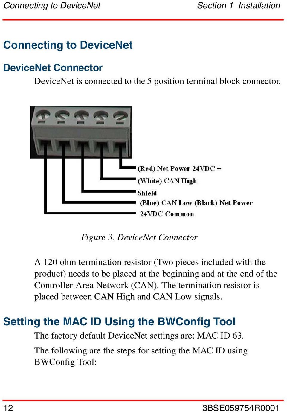 DeviceNet Connector A 120 ohm termination resistor (Two pieces included with the product) needs to be placed at the beginning and at the end of the