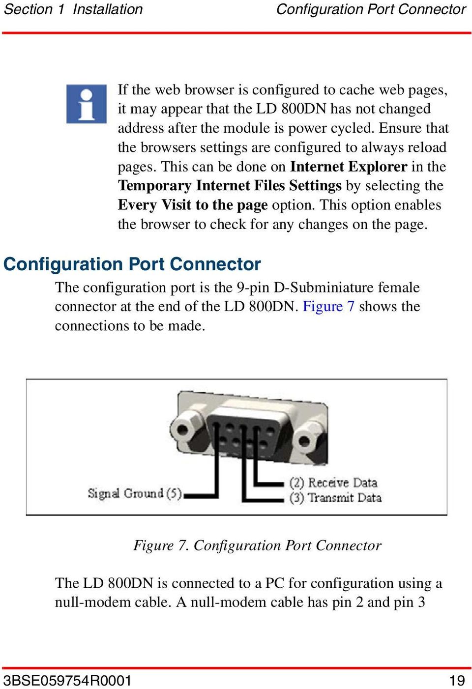 This option enables the browser to check for any changes on the page. Configuration Port Connector The configuration port is the 9-pin D-Subminiature female connector at the end of the LD 800DN.