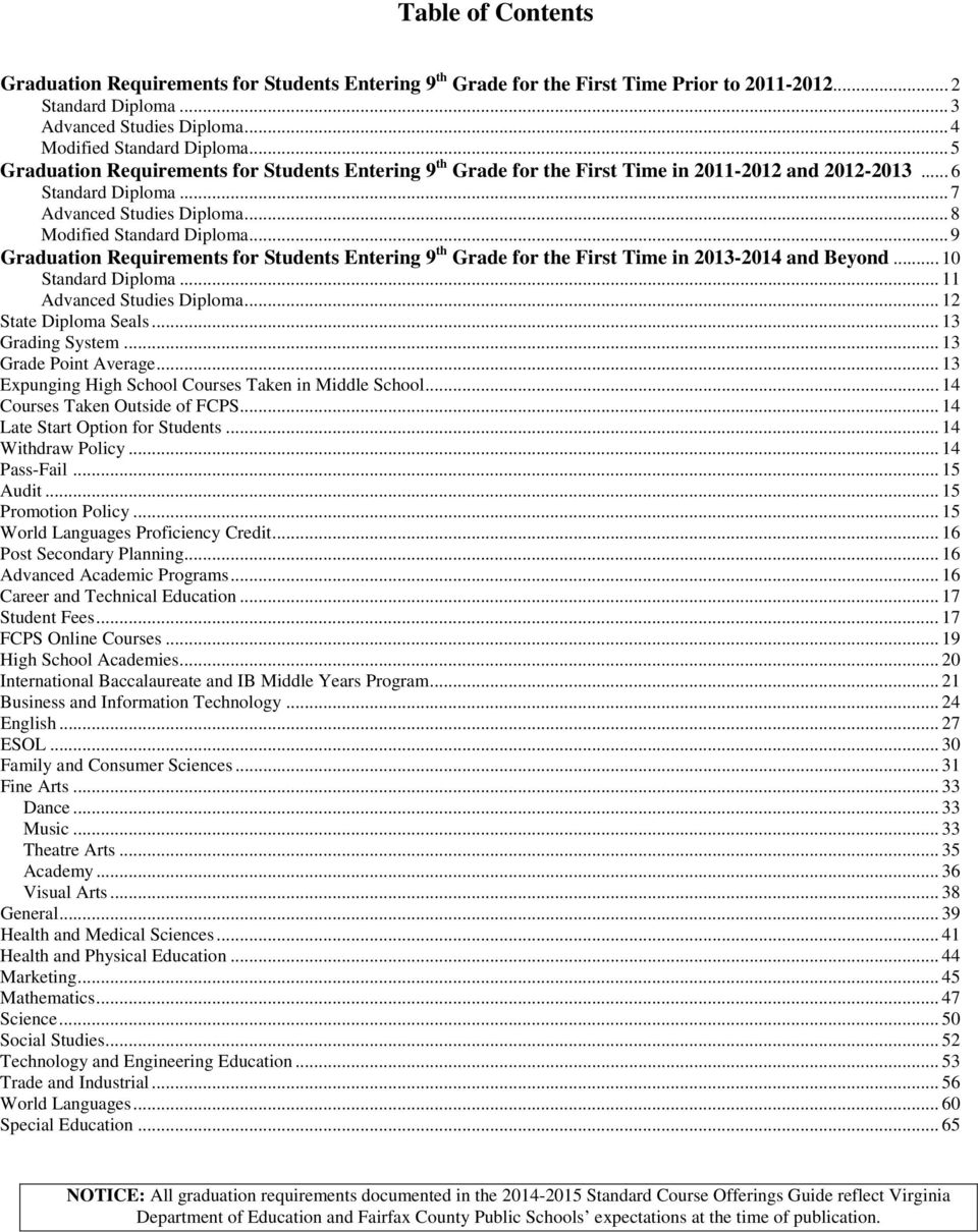 .. requirements documented in the 2011-2012 Standard Course Offerings Guide reflect Virginia 5 Graduation Requirements Department of for Education Students and Entering Fairfax County 9 th Grade