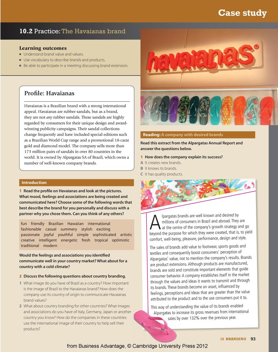 Havaianas are rubber sandals, but as a brand, they are not any rubber sandals. These sandals are highly regarded by consumers for their unique design and awardwinning publicity campaigns.