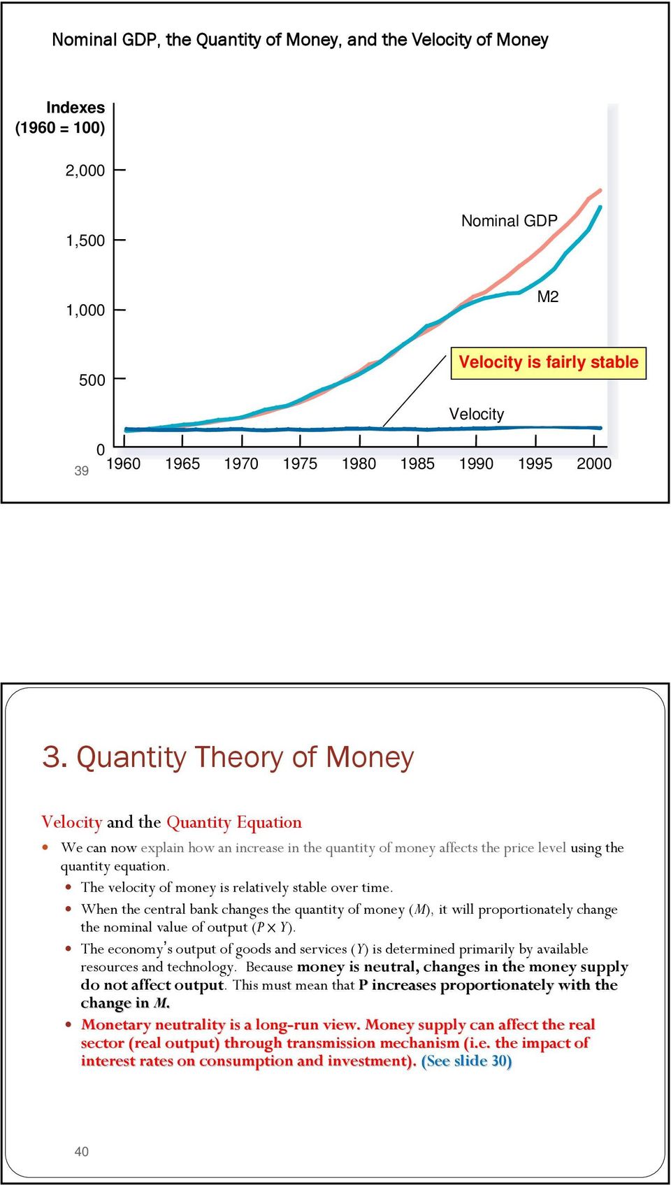 The velocity of money is relatively stable over time. When the central bank changes the quantity of money (M), it will proportionately change the nominal value of output (P Y).