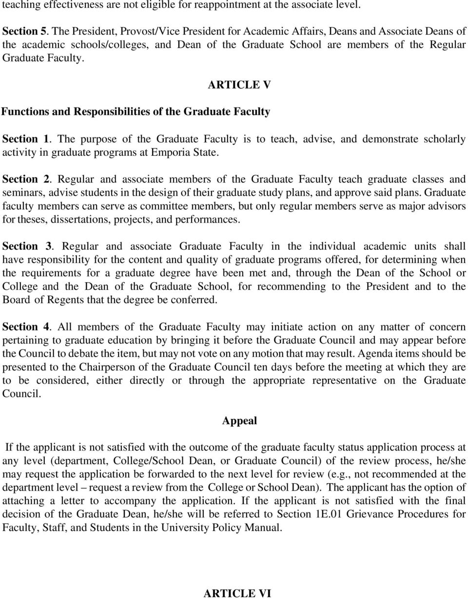 ARTICLE V Functions and Responsibilities of the Graduate Faculty Section 1.