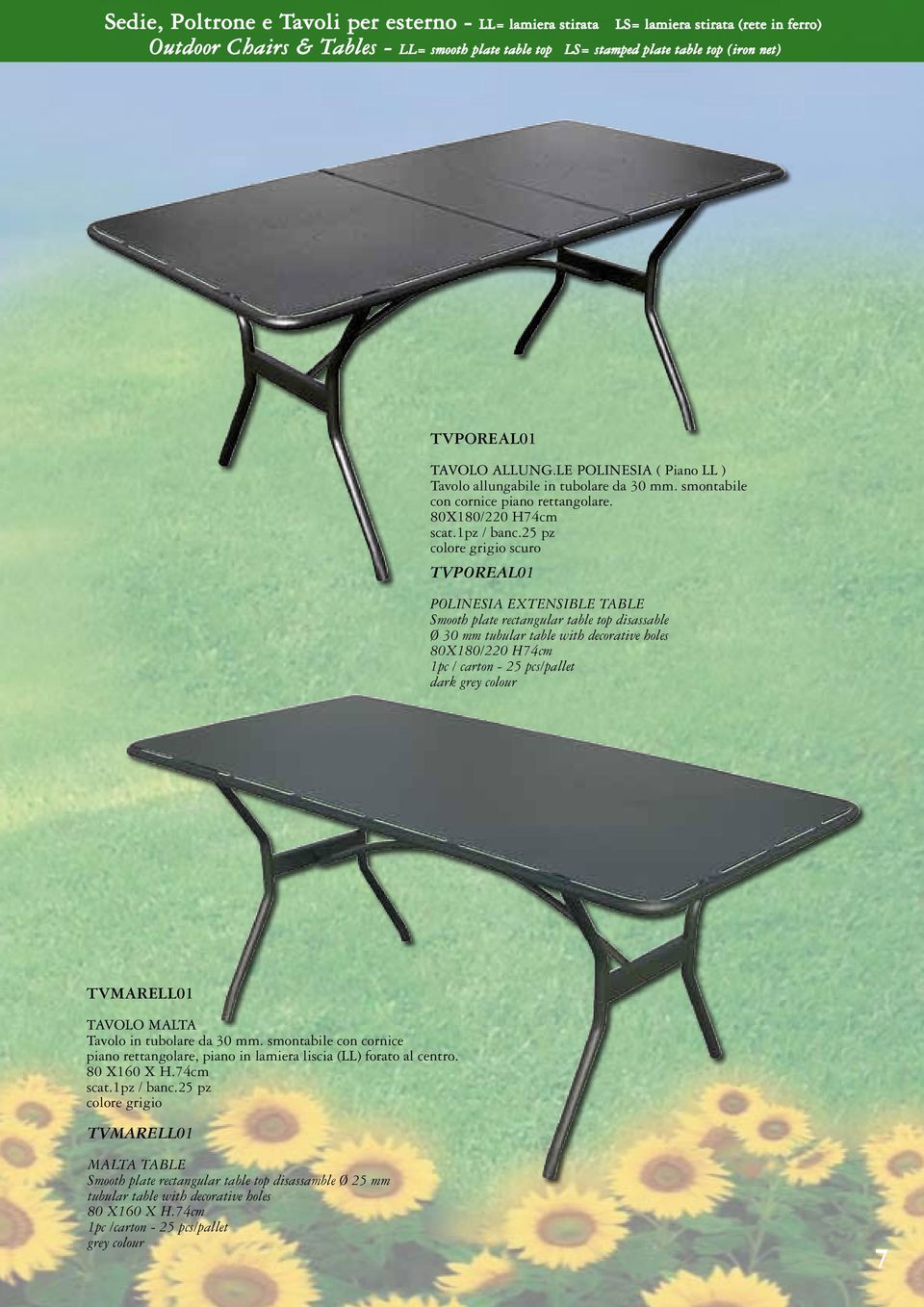 25 pz TVPOREAL01 POLINESIA EXTENSIBLE TABLE Smooth plate rectangular table top disassable Ø 30 mm tubular table with decorative holes 80X180/220 H74cm 1pc / carton - 25 pcs/pallet TVMARELL01 TAVOLO