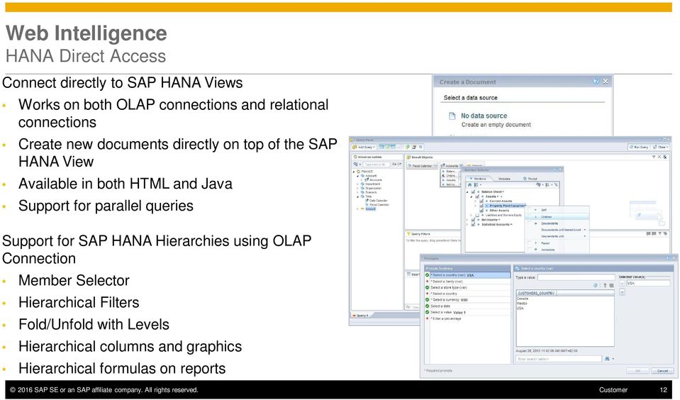 queries Support for SAP HANA Hierarchies using OLAP Connection Member Selector Hierarchical Filters Fold/Unfold with Levels