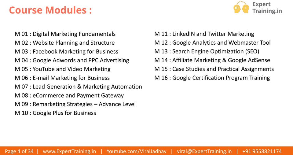 M 04 : Google Adwords and PPC Advertising M 05 : YouTube and Video Marketing M 06 : E-mail Marketing for Business M 07 : Lead Generation & Marketing Automation M 08 : ecommerce and Payment Gateway M