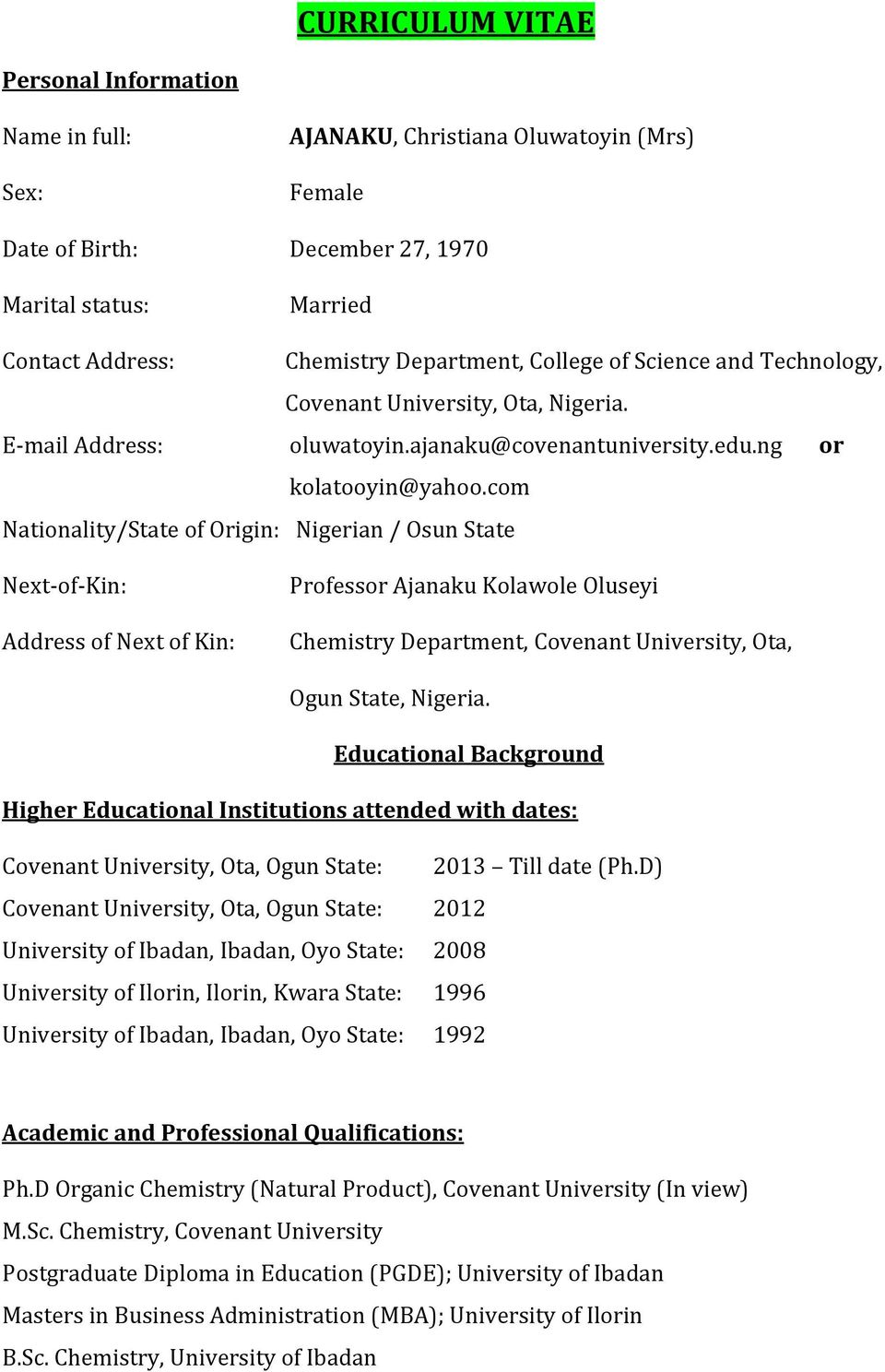 Curriculum Vitae Ogun State Nigeria Educational Background Pdf