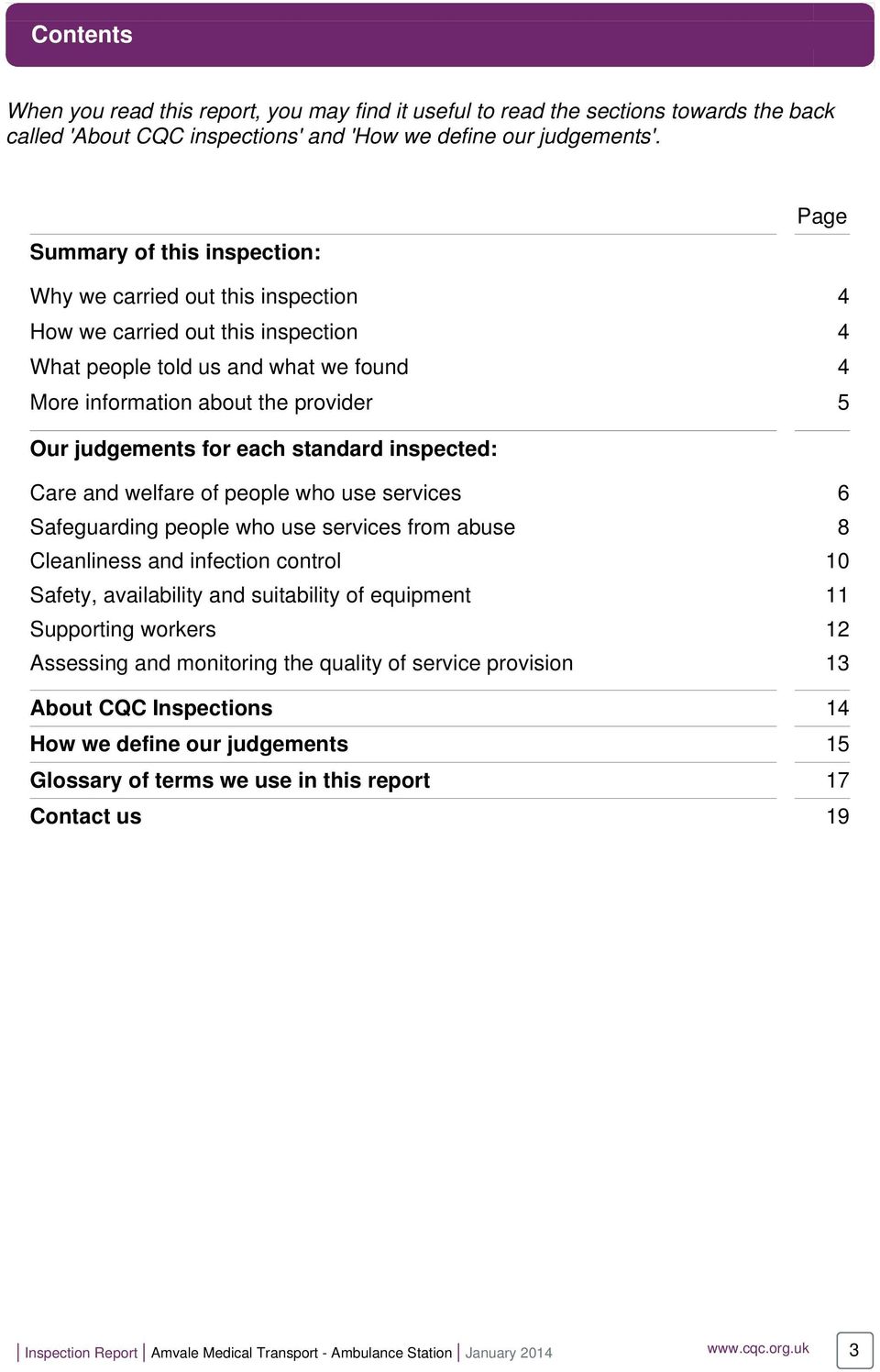 for each standard inspected: Care and welfare of people who use services 6 Safeguarding people who use services from abuse 8 Cleanliness and infection control 10 Safety, availability and suitability