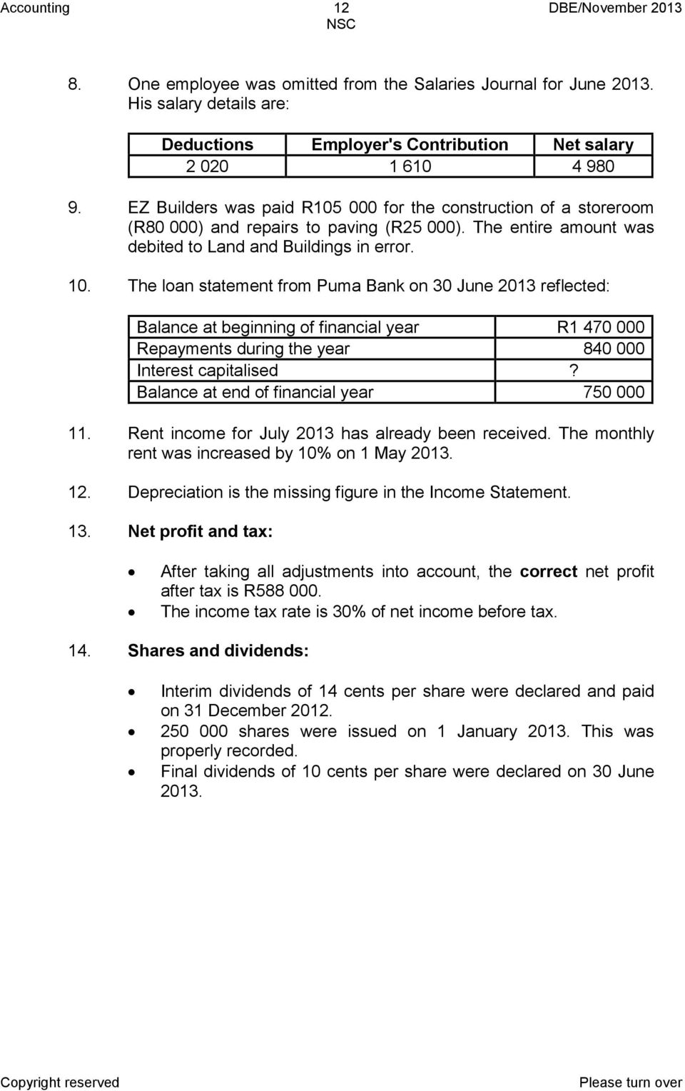 The loan statement from Puma Bank on 30 June 2013 reflected: Balance at beginning of financial year R1 470 000 Repayments during the year 840 000 Interest capitalised?
