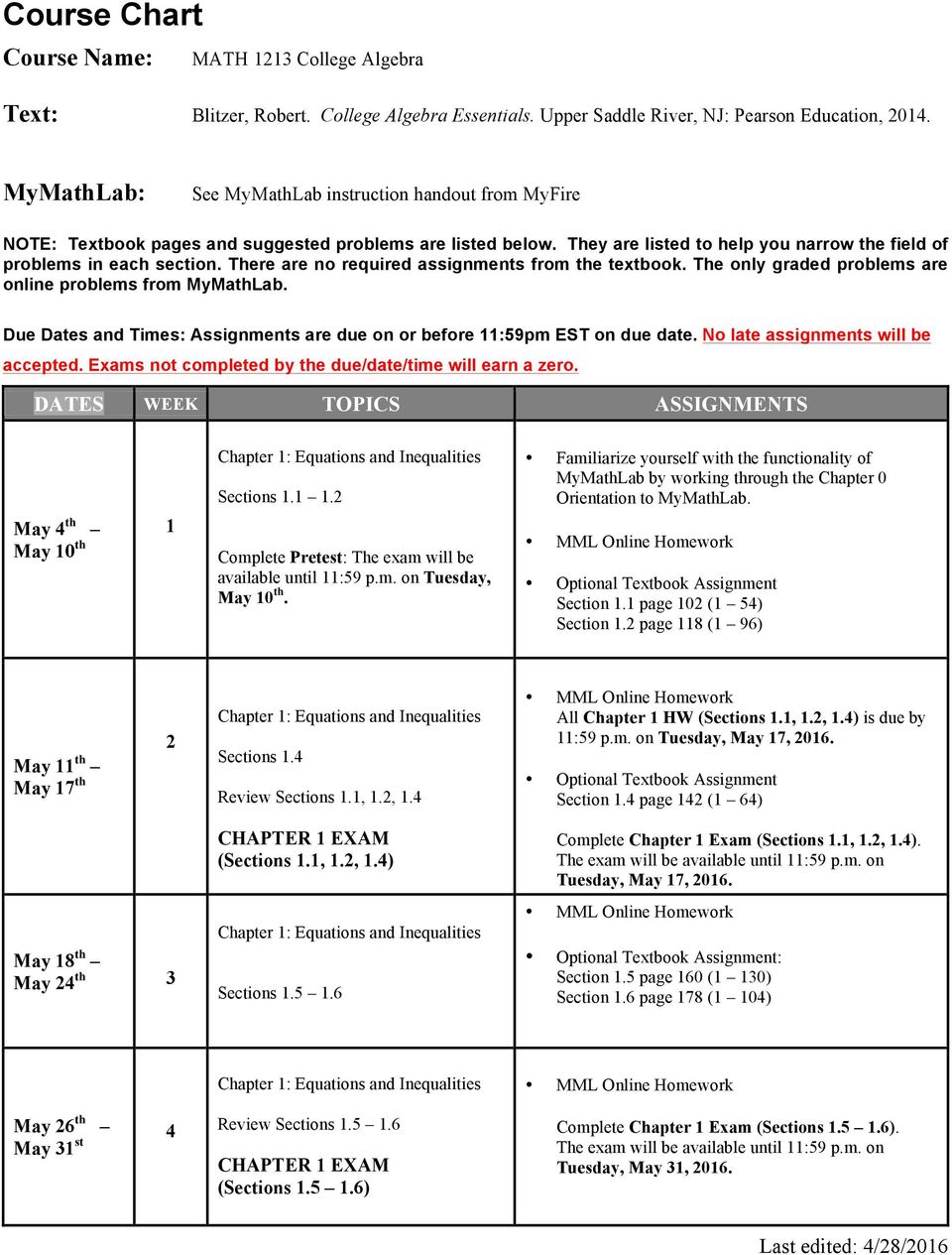 There are no required assignments from the textbook. The only graded problems are online problems from MyMathLab. Due Dates and Times: Assignments are due on or before 11:59pm EST on due date.