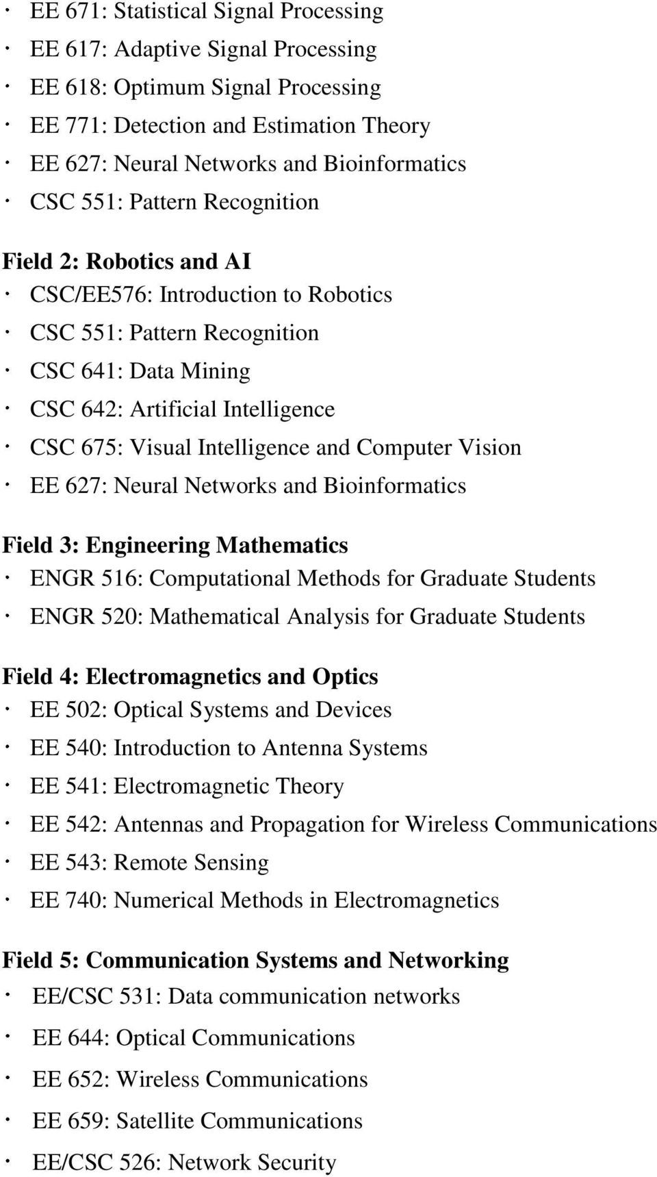 Computational Methods for Graduate Students ENGR 520: Mathematical Analysis for Graduate Students Field 4: Electromagnetics and Optics EE 502: Optical Systems and Devices EE 540: Introduction to