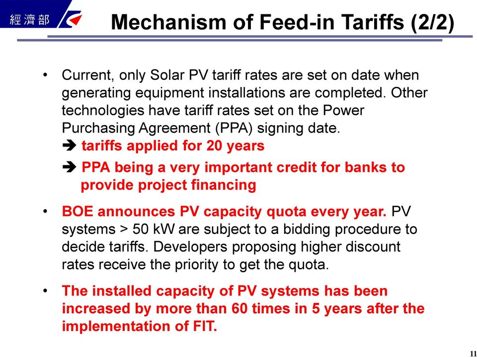 tariffs applied for 20 years PPA being a very important credit for banks to provide project financing BOE announces PV capacity quota every year.