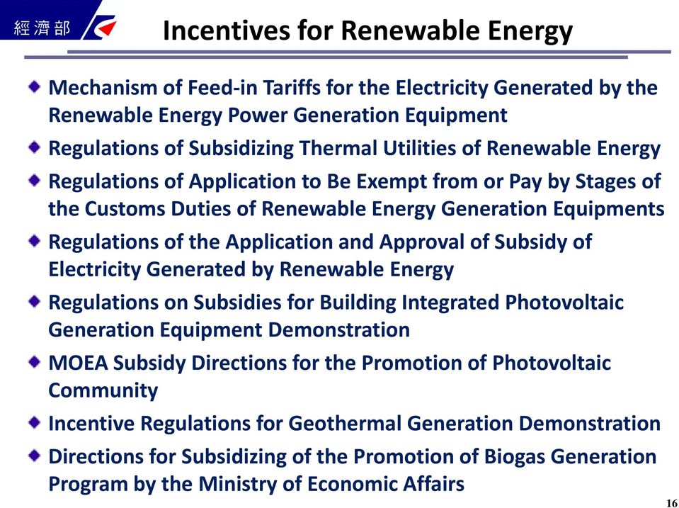 Subsidy of Electricity Generated by Renewable Energy Regulations on Subsidies for Building Integrated Photovoltaic Generation Equipment Demonstration MOEA Subsidy Directions for the Promotion