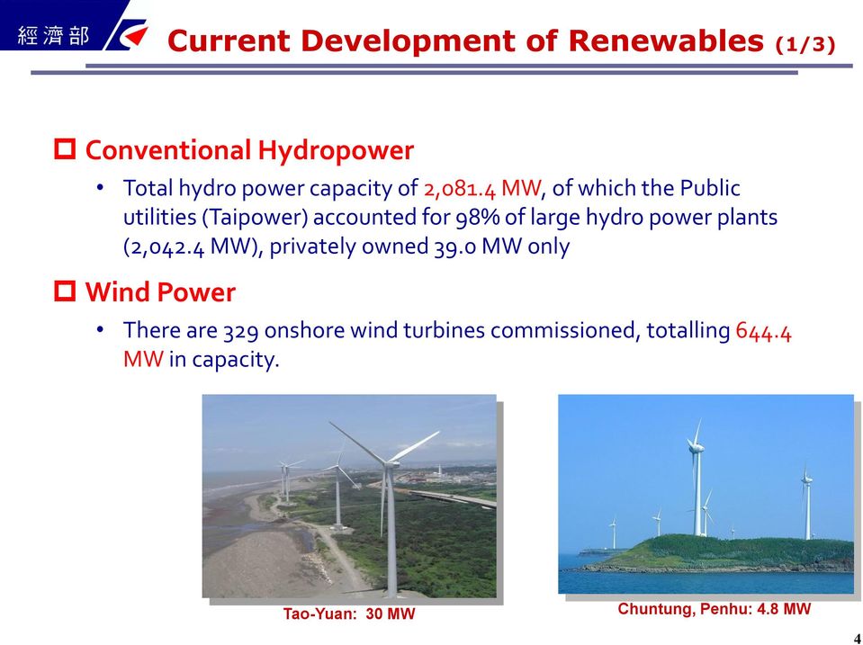 4 MW, of which the Public utilities (Taipower) accounted for 98% of large hydro power plants