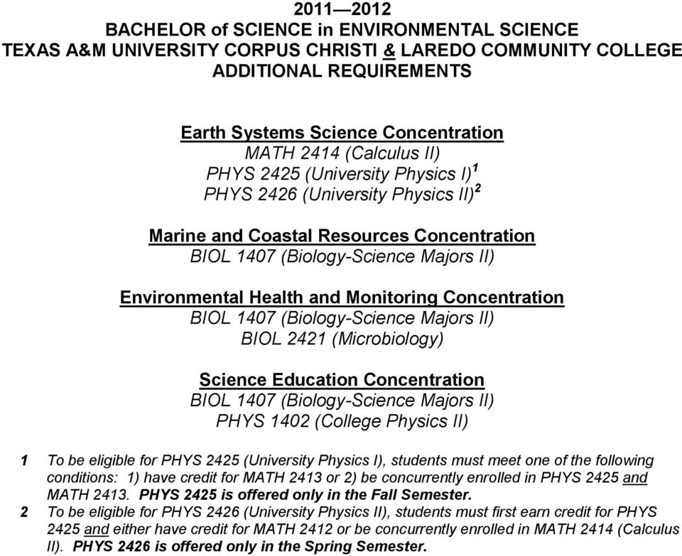 (Biology-Science Majors II) BIOL (Microbiology) Science Education Concentration BIOL 07 (Biology-Science Majors II) PHYS 0 (College Physics II) To be eligible for PHYS (University Physics I),